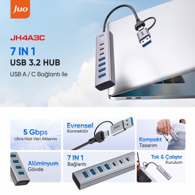 Juo Type-C ve USB-A 7 Portlu 4*USB-A 3*Type-C 5Gbps USB 3.2 Çoklayıcı Hub Dönüştürücü - 2
