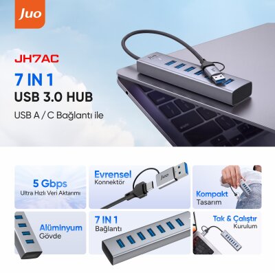Juo Type-C ve USB-A 7 Portlu 7*USB 3.0 5Gbps USB Hub Çoklayıcı Dönüştürücü - 2