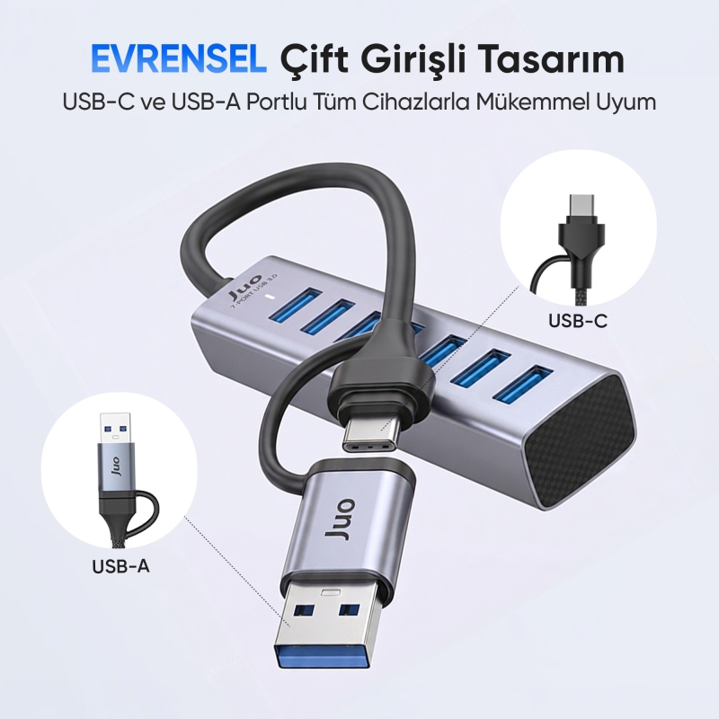 Juo Type-C ve USB-A 7 Portlu 7*USB 3.0 5Gbps USB Hub Çoklayıcı Dönüştürücü - 4