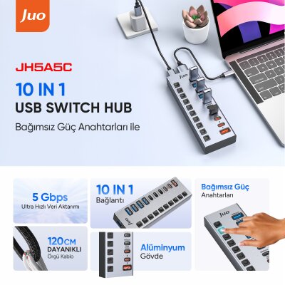 Juo USB-A 10 Portlu Anahtarlı 5*USB-A 5*Type-C 5Gbps PD Hızlı Şarj Destekli USB 3.1 Çoklayıcı Dönüştürücü Hub - 2