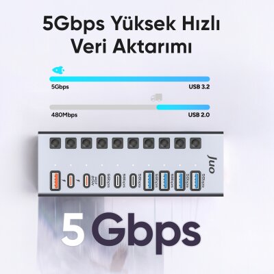 Juo USB-A 10 Portlu Anahtarlı 5*USB-A 5*Type-C 5Gbps PD Hızlı Şarj Destekli USB 3.1 Çoklayıcı Dönüştürücü Hub - 3