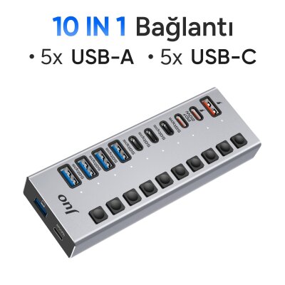 Juo USB-A 10 Portlu Anahtarlı 5*USB-A 5*Type-C 5Gbps PD Hızlı Şarj Destekli USB 3.1 Çoklayıcı Dönüştürücü Hub - 4