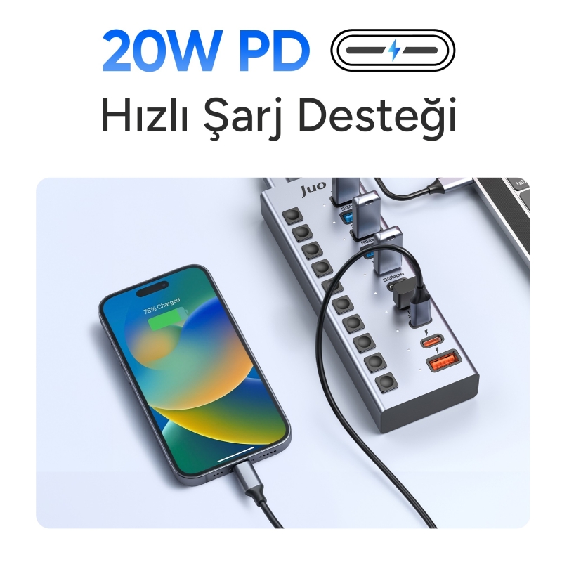 Juo USB-A 10 Portlu Anahtarlı 5*USB-A 5*Type-C 5Gbps PD Hızlı Şarj Destekli USB 3.1 Çoklayıcı Dönüştürücü Hub - 5