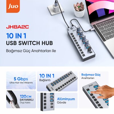 Juo USB-A 10 Portlu Anahtarlı 8*USB-A 2*Type-C 5Gbps USB 3.1 Çoklayıcı Dönüştürücü Hub - 2