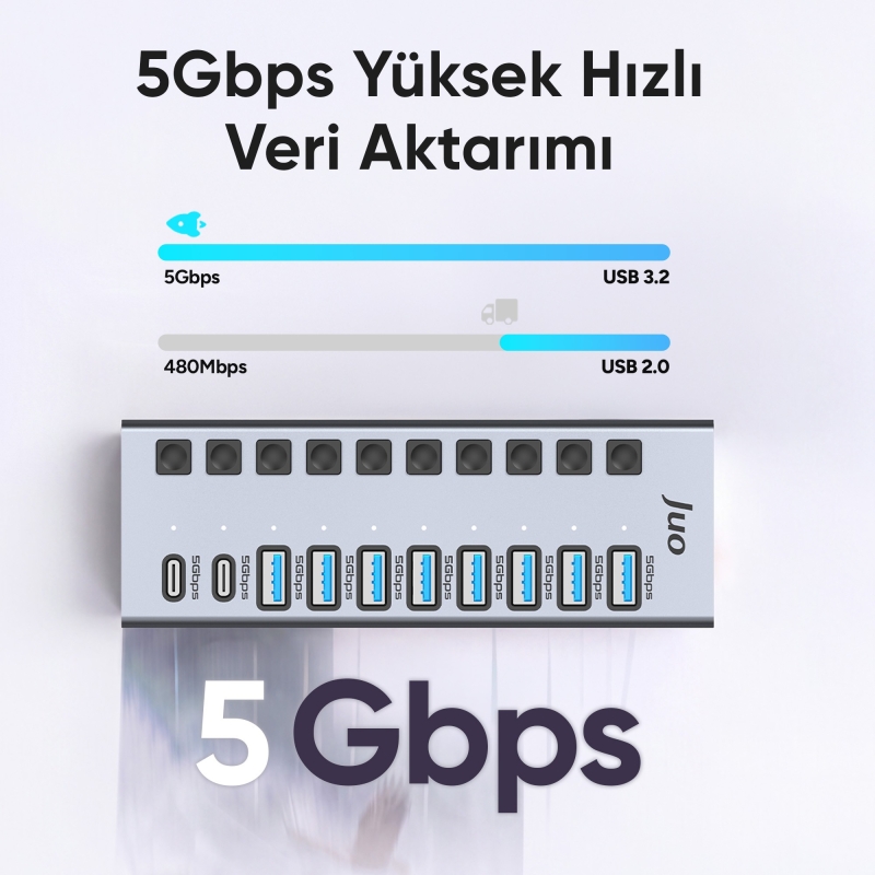Juo USB-A 10 Portlu Anahtarlı 8*USB-A 2*Type-C 5Gbps USB 3.1 Çoklayıcı Dönüştürücü Hub - 3