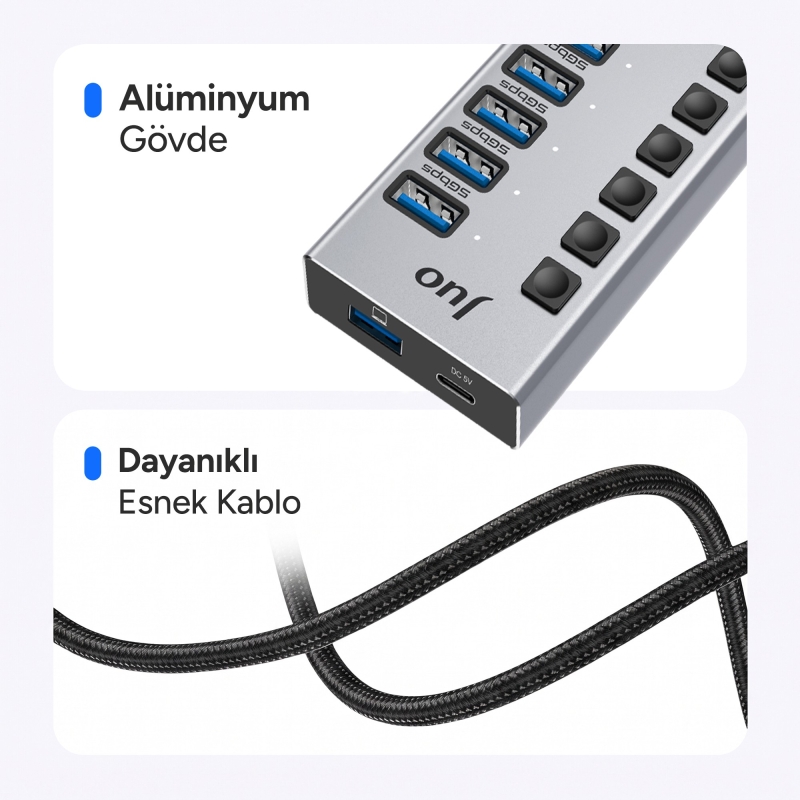 Juo USB-A 10 Portlu Anahtarlı 8*USB-A 2*Type-C 5Gbps USB 3.1 Çoklayıcı Dönüştürücü Hub - 5