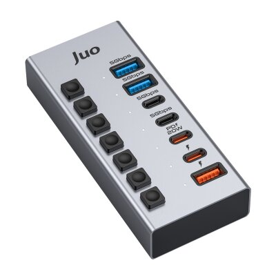 Juo USB-A 7 Portlu Anahtarlı 3*USB-A 4*Type-C 5Gbps PD Hızlı Şarj Destekli USB 3.1 Çoklayıcı Dönüştürücü Hub - Juo