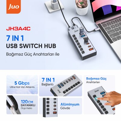 Juo USB-A 7 Portlu Anahtarlı 3*USB-A 4*Type-C 5Gbps PD Hızlı Şarj Destekli USB 3.1 Çoklayıcı Dönüştürücü Hub - 2