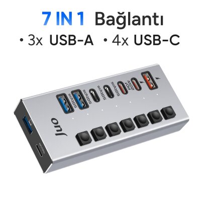 Juo USB-A 7 Portlu Anahtarlı 3*USB-A 4*Type-C 5Gbps PD Hızlı Şarj Destekli USB 3.1 Çoklayıcı Dönüştürücü Hub - 4