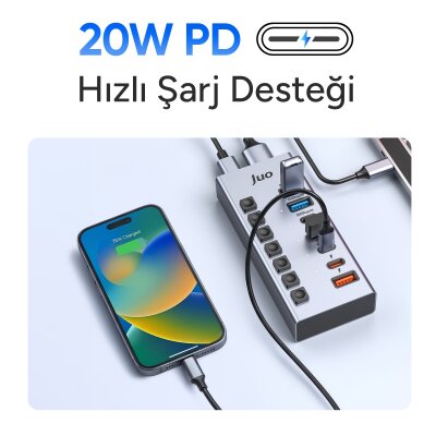 Juo USB-A 7 Portlu Anahtarlı 3*USB-A 4*Type-C 5Gbps PD Hızlı Şarj Destekli USB 3.1 Çoklayıcı Dönüştürücü Hub - 5