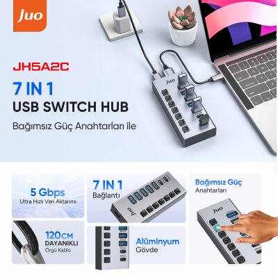 Juo USB-A 7 Portlu Anahtarlı 5*USB-A 2*Type-C 5Gbps USB 3.1 Çoklayıcı Dönüştürücü Hub - 2