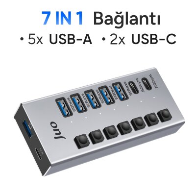 Juo USB-A 7 Portlu Anahtarlı 5*USB-A 2*Type-C 5Gbps USB 3.1 Çoklayıcı Dönüştürücü Hub - 4