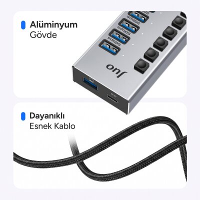 Juo USB-A 7 Portlu Anahtarlı 5*USB-A 2*Type-C 5Gbps USB 3.1 Çoklayıcı Dönüştürücü Hub - 5