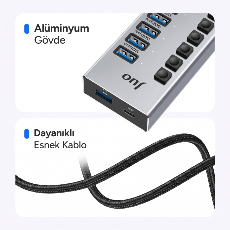 Juo USB-A 7 Portlu Anahtarlı 5*USB-A 2*Type-C 5Gbps USB 3.1 Çoklayıcı Dönüştürücü Hub - 5