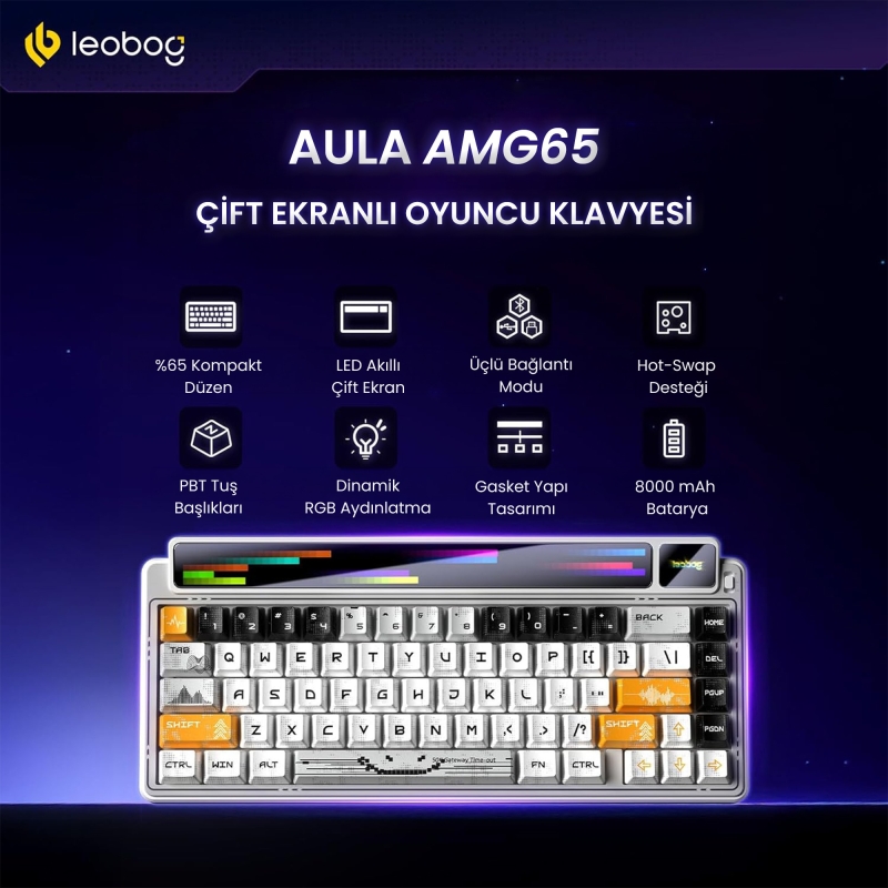 Leobog AMG65 Mekanik Klavye LED Matrix Ekranlı Jasper Switch RGB Hot-Swap Oyuncu Klavyesi Turuncu - 2