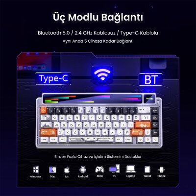 Leobog AMG65 Mekanik Klavye LED Matrix Ekranlı Jasper Switch RGB Hot-Swap Oyuncu Klavyesi Turuncu - 5