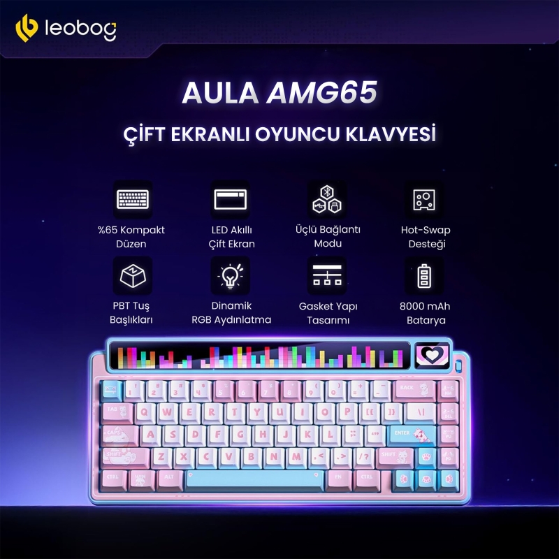 Leobog AMG65 Mekanik Klavye LED Matrix Ekranlı Silent Cotton Candy Switch RGB Hot-Swap Oyuncu Klavyesi Pembe - 2