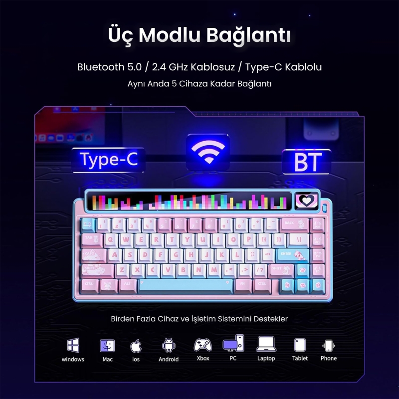 Leobog AMG65 Mekanik Klavye LED Matrix Ekranlı Silent Cotton Candy Switch RGB Hot-Swap Oyuncu Klavyesi Pembe - 5