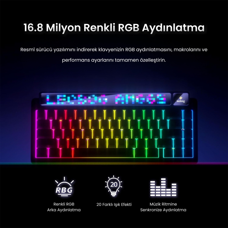 Leobog AMG65 Mekanik Klavye LED Matrix Ekranlı Silent Cotton Candy Switch RGB Hot-Swap Oyuncu Klavyesi Pembe - 7