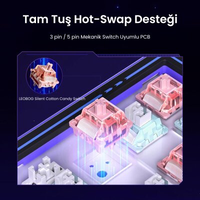 Leobog AMG65 Mekanik Klavye LED Matrix Ekranlı Silent Cotton Candy Switch RGB Hot-Swap Oyuncu Klavyesi Pembe - 8