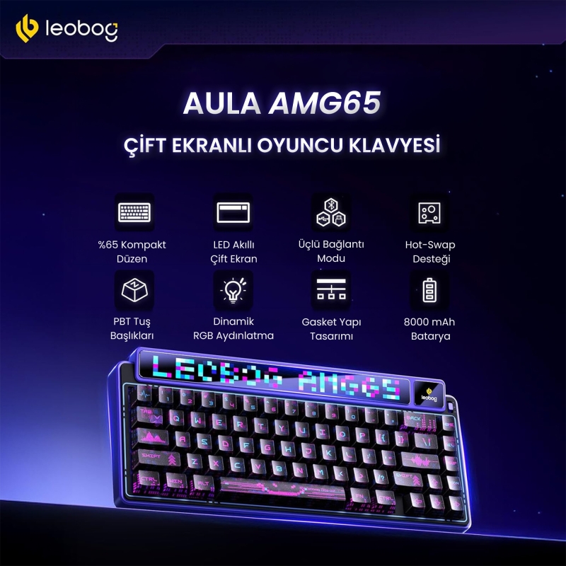 Leobog AMG65 Mekanik Klavye LED Matrix Ekranlı Silent Cotton Candy Switch RGB Hot-Swap Oyuncu Klavyesi Siyah - 2