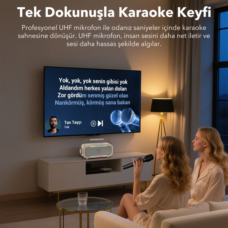NowGo C1 100W Taşınabilir RGB Bluetooth Hoparlör Mikrofonlu Karaoke Parti Speaker Bej - 6
