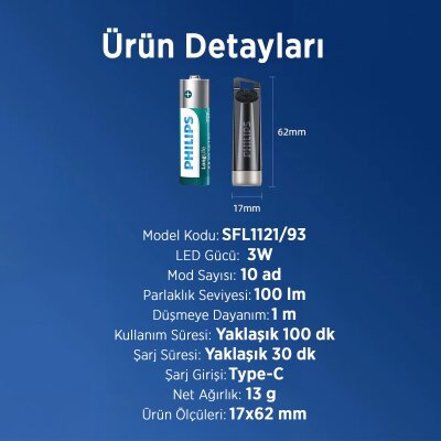 Philips SFL1121 100 Lümen 10 Modlu Çok Amaçlı UV Işıklı ve Acil Durum Mini Anahtarlık Kamp El Feneri - 9