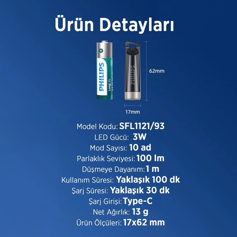 Philips SFL1121 100 Lümen 10 Modlu Çok Amaçlı UV Işıklı ve Acil Durum Mini Anahtarlık Kamp El Feneri - 9