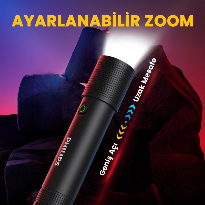 Philips SFL2185 350 Lümen 3W LED El Feneri Teleskopik Zoom Sos Modlu Şarj Edilebilir Uzun Menzilli Flashlight - 3