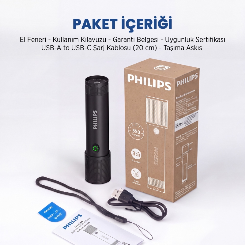 Philips SFL2185 350 Lümen 3W LED El Feneri Teleskopik Zoom Sos Modlu Şarj Edilebilir Uzun Menzilli Flashlight - 7