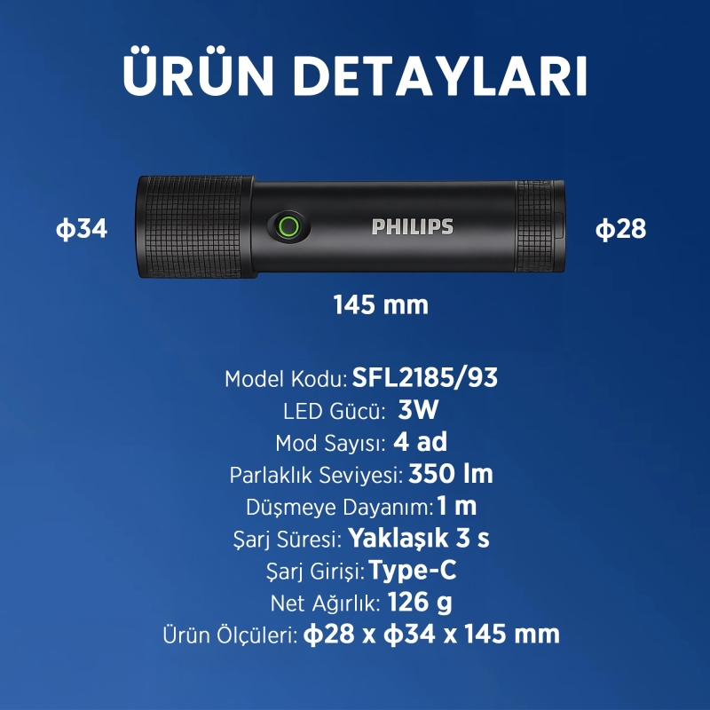 Philips SFL2185 350 Lümen 3W LED El Feneri Teleskopik Zoom Sos Modlu Şarj Edilebilir Uzun Menzilli Flashlight - 8