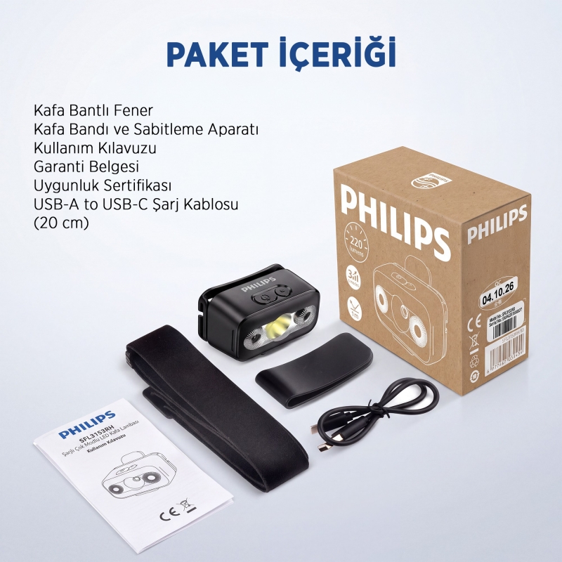 Philips SFL3153 5W LED 220 Lümen Kafa Feneri Hareket Sensörlü Çift Butonlu Acil Durum Çakarlı Şarjlı Hafif Kamp ve Kafa Lambası - 7