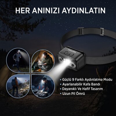 Philips SFL3153 5W LED 220 Lümen Kafa Feneri Hareket Sensörlü Çift Butonlu Acil Durum Çakarlı Şarjlı Hafif Kamp ve Kafa Lambası - 3