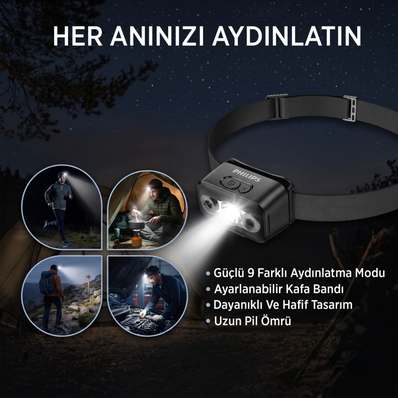 Philips SFL3153 5W LED 220 Lümen Kafa Feneri Hareket Sensörlü Çift Butonlu Acil Durum Çakarlı Şarjlı Hafif Kamp ve Kafa Lambası - 3