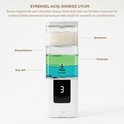 Pizen Aqua Şarjlı Otomatik Sensörlü Sıvı Sabunluk 5 Kademeli Akış IPX7 Suya Dayanıklı Dijital Ekran - 4