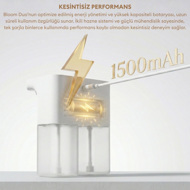 Pizen Bloom Duo Çift Hazneli Şarjlı Otomatik Sensörlü Sıvı Sabunluk 3 Kademeli IPX5 Suya Dayanıklı - 7