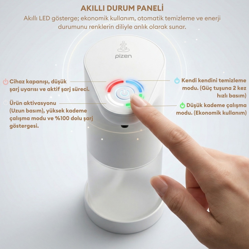 Pizen Bloom Şarjlı Otomatik Sensörlü Köpük Sıvı Sabunluk 2 Kademeli Akış IPX5 Suya Dayanıklı - 6
