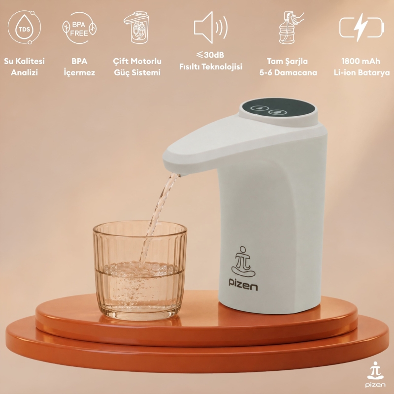 Pizen Flow Şarjlı Otomatik Damacana Su Pompası TDS Ölçer 250ml 500ml 1L 2L Ölçü Özellikli Beyaz - 2