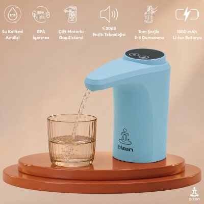 Pizen Flow Şarjlı Otomatik Damacana Su Pompası TDS Ölçer 250ml 500ml 1L 2L Ölçü Özellikli Mavi - 2