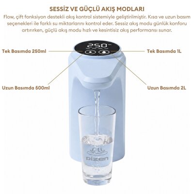 Pizen Flow Şarjlı Otomatik Damacana Su Pompası TDS Ölçer 250ml 500ml 1L 2L Ölçü Özellikli Mavi - 6