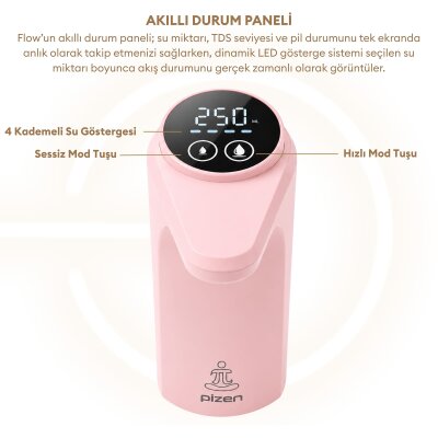 Pizen Flow Şarjlı Otomatik Damacana Su Pompası TDS Ölçer 250ml 500ml 1L 2L Ölçü Özellikli Pembe - 5
