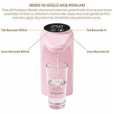 Pizen Flow Şarjlı Otomatik Damacana Su Pompası TDS Ölçer 250ml 500ml 1L 2L Ölçü Özellikli Pembe - 6