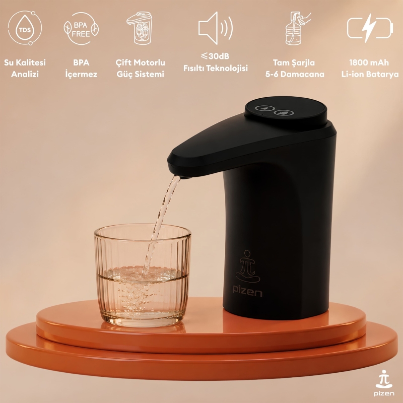 Pizen Flow Şarjlı Otomatik Damacana Su Pompası TDS Ölçer 250ml 500ml 1L 2L Ölçü Özellikli Siyah - 2