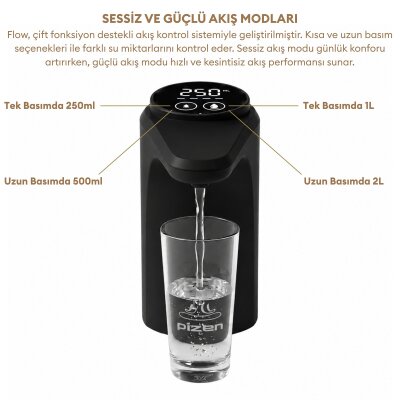 Pizen Flow Şarjlı Otomatik Damacana Su Pompası TDS Ölçer 250ml 500ml 1L 2L Ölçü Özellikli Siyah - 6