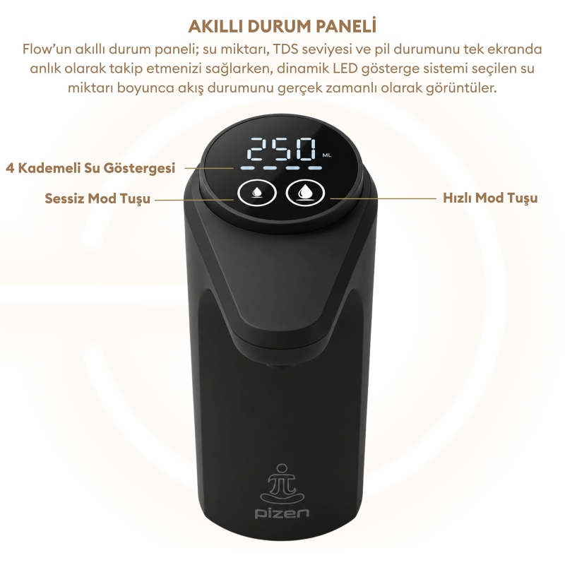 Pizen Flow Şarjlı Otomatik Damacana Su Pompası TDS Ölçer 250ml 500ml 1L 2L Ölçü Özellikli Siyah - 7
