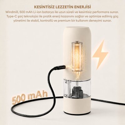 Pizen Windmill Şarjlı Otomatik Baharat Öğütücü LED Işıklı Ayarlanabilir Tuz Karabiber Baharat Değirmeni Bej - 3