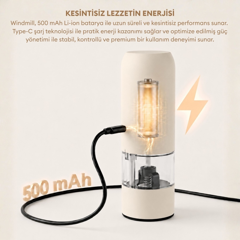 Pizen Windmill Şarjlı Otomatik Baharat Öğütücü LED Işıklı Ayarlanabilir Tuz Karabiber Baharat Değirmeni Bej - 3