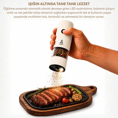 Pizen Windmill Şarjlı Otomatik Baharat Öğütücü LED Işıklı Ayarlanabilir Tuz Karabiber Baharat Değirmeni Bej - 5