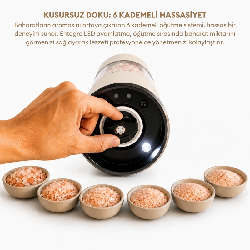 Pizen Windmill Şarjlı Otomatik Baharat Öğütücü LED Işıklı Ayarlanabilir Tuz Karabiber Baharat Değirmeni Bej - 6