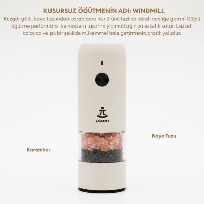 Pizen Windmill Şarjlı Otomatik Baharat Öğütücü LED Işıklı Ayarlanabilir Tuz Karabiber Baharat Değirmeni Bej - 7